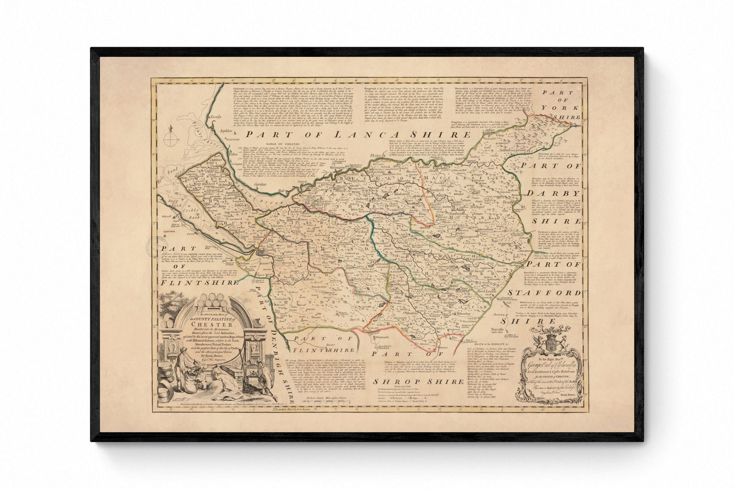 Chester (Cheshire) Map dated 1749 - Antique Reproduction - Emanuel Bowen - Detailed County Map - Available Framed