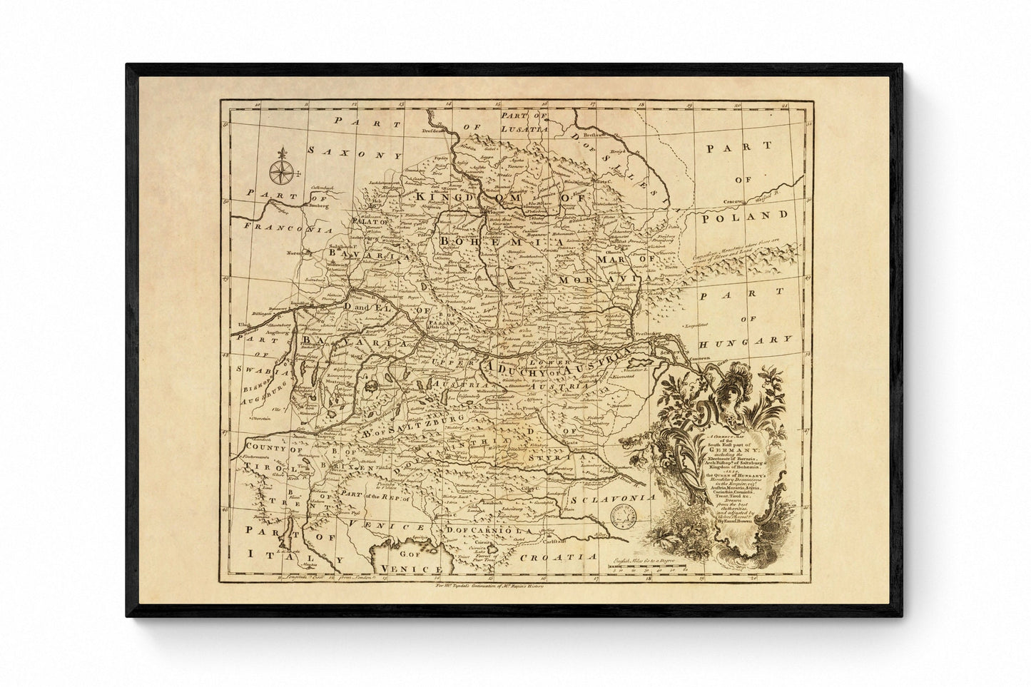 Bavaria, Austria, Bohemia, Moravia Map - dated c.1747 - Antique Reproduction - Salzburg, Tirol, Styria, Hungary - Available Framed