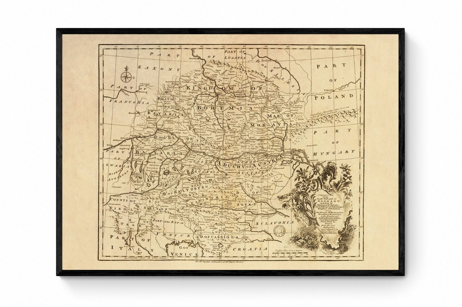 Bavaria, Austria, Bohemia, Moravia Map - dated c.1747 - Antique Reproduction - Salzburg, Tirol, Styria, Hungary - Available Framed