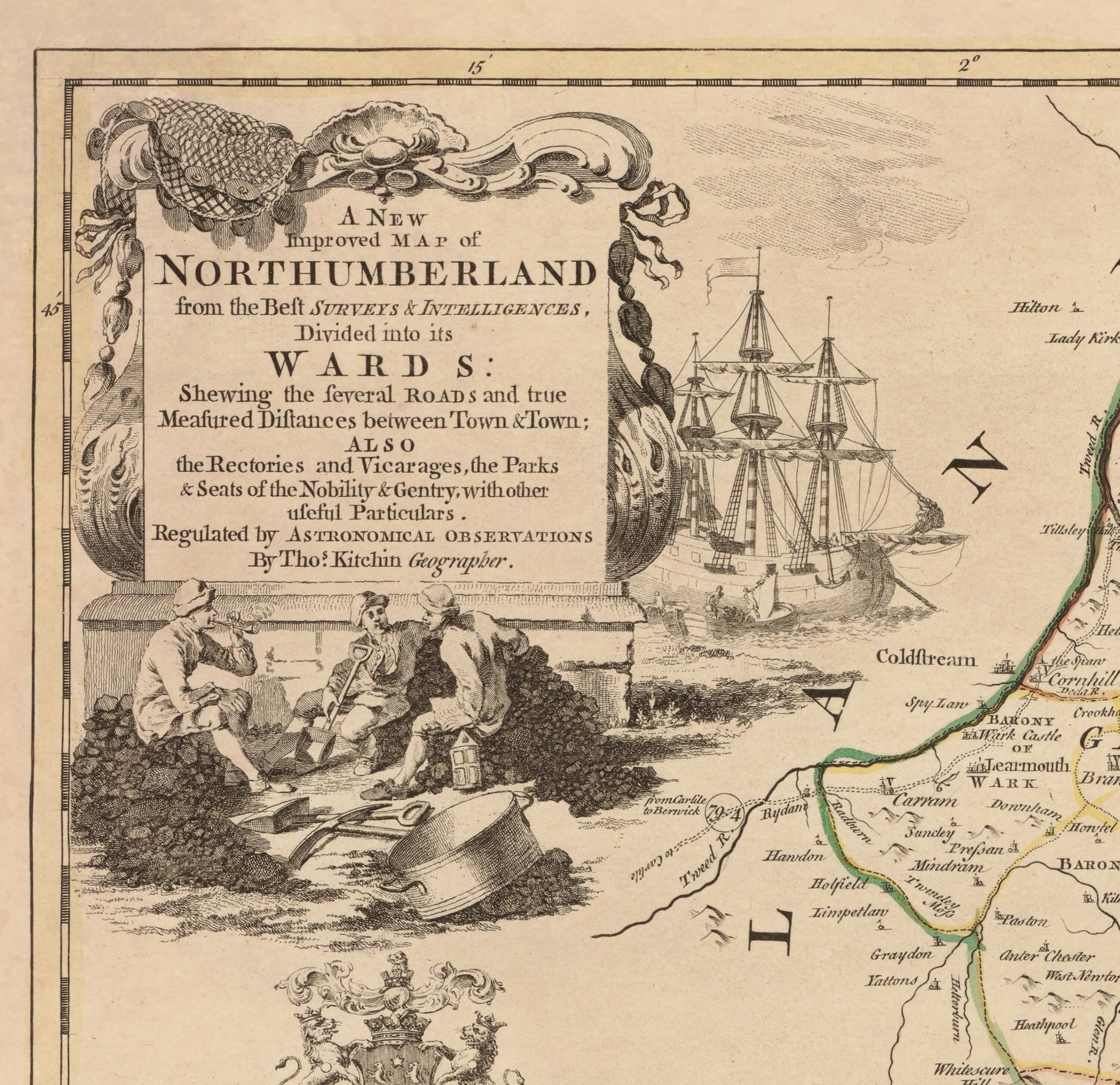 Northumberland Map dated 1760 divided into the wards - Antique Reproduction - Thomas Kitchin - Detailed County Map - Available Framed