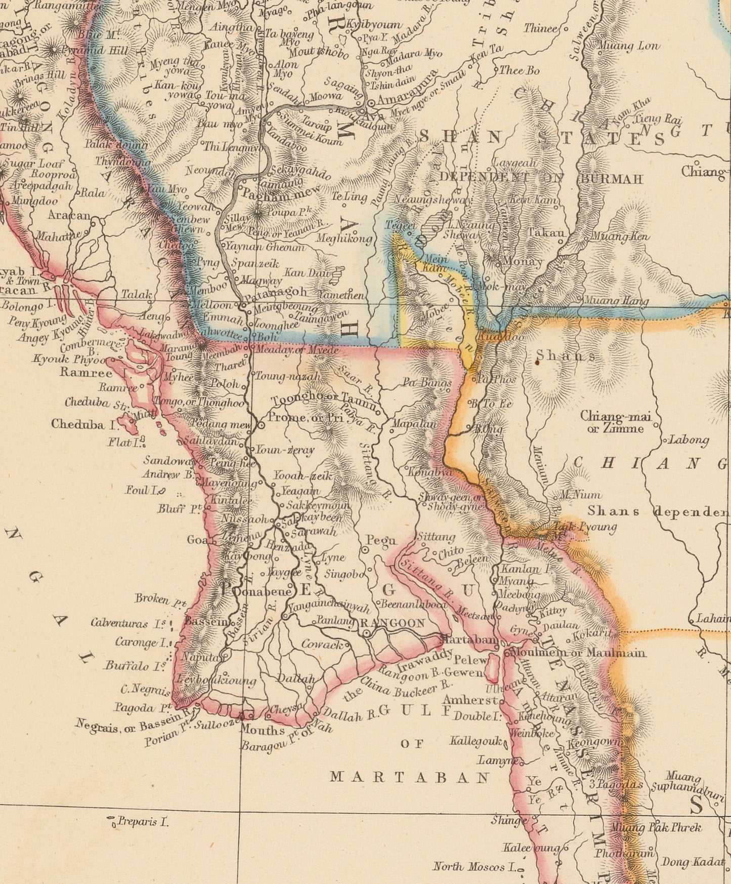 Burmah, Siam and Anam Map dated 1859 - Antique Reproduction - Myanmar, Thailand, Vietnam, Laos - Southeast Asia - Available Framed