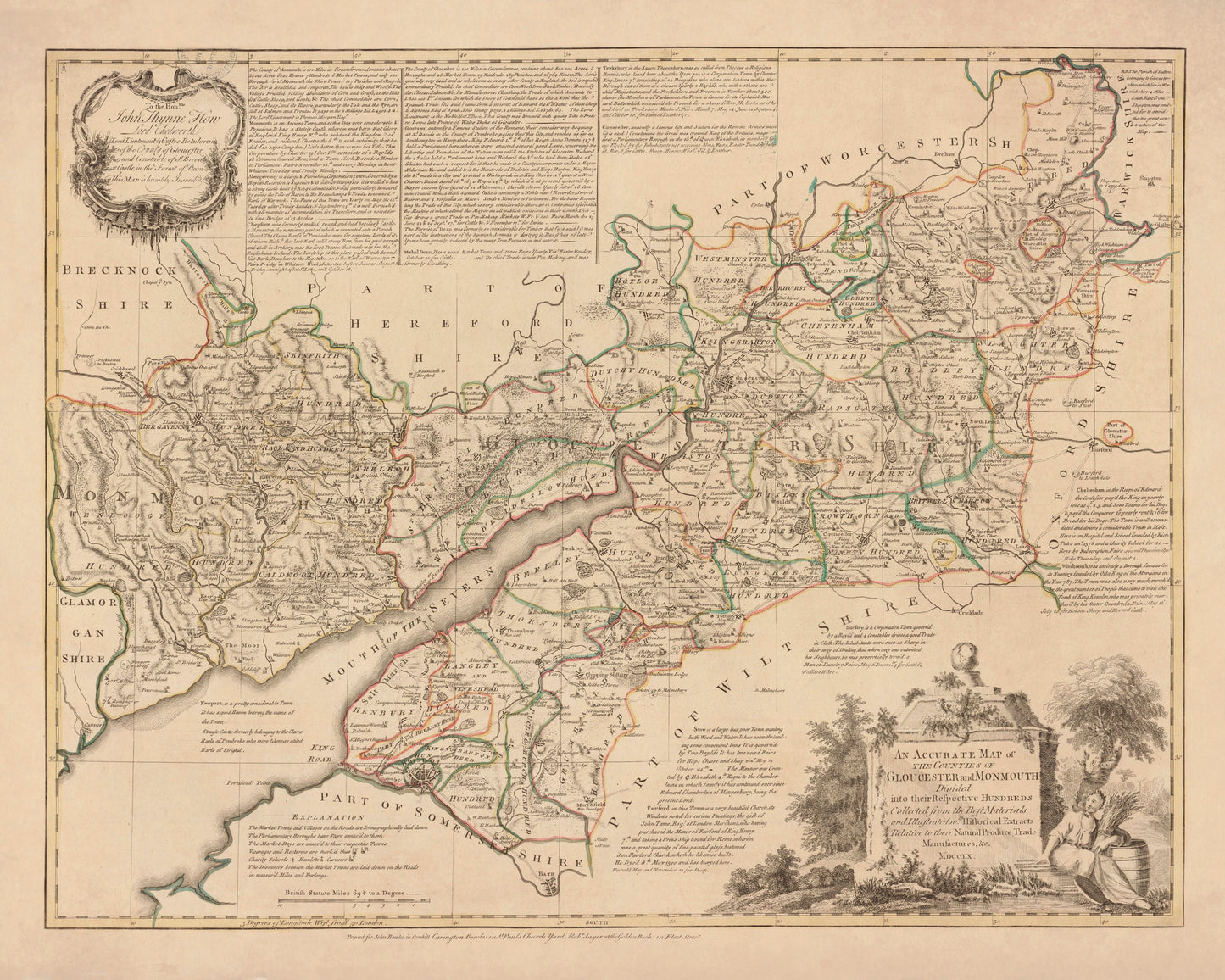 Gloucester and Monmouth Map dated 1760 - Antique Reproduction - Gloucestershire - Monmouthshire - Detailed County Map - Available Framed