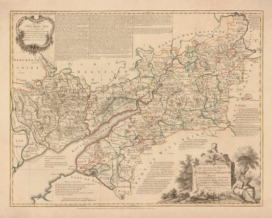 Gloucester and Monmouth Map dated 1760 - Antique Reproduction - Gloucestershire - Monmouthshire - Detailed County Map - Available Framed