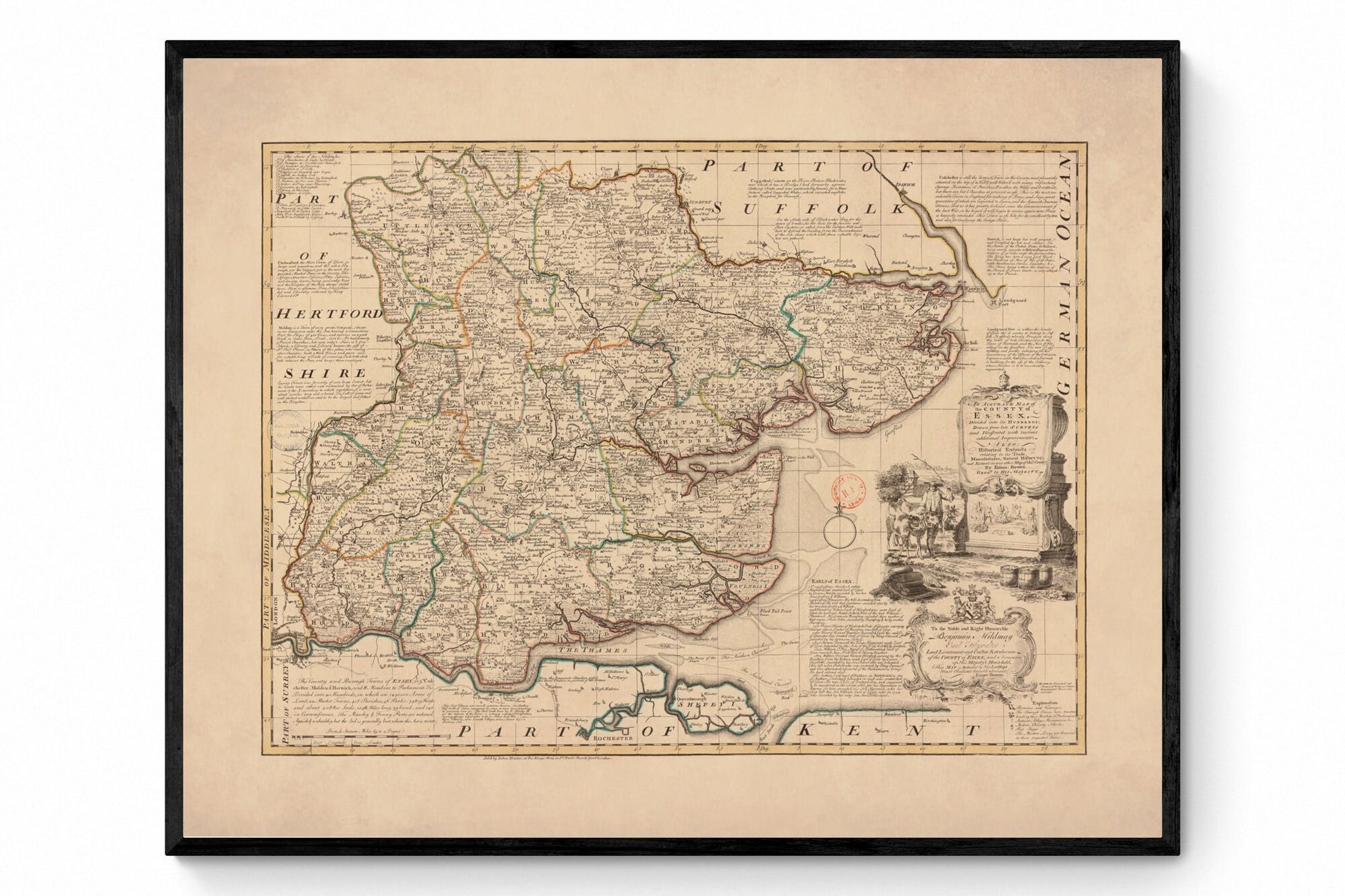 Essex Map dated 1750 - Antique Reproduction - Detailed County Map - Available Framed