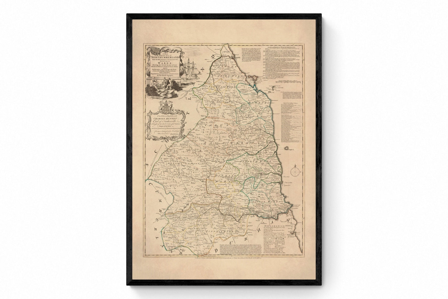 Northumberland Map dated 1760 divided into the wards - Antique Reproduction - Thomas Kitchin - Detailed County Map - Available Framed