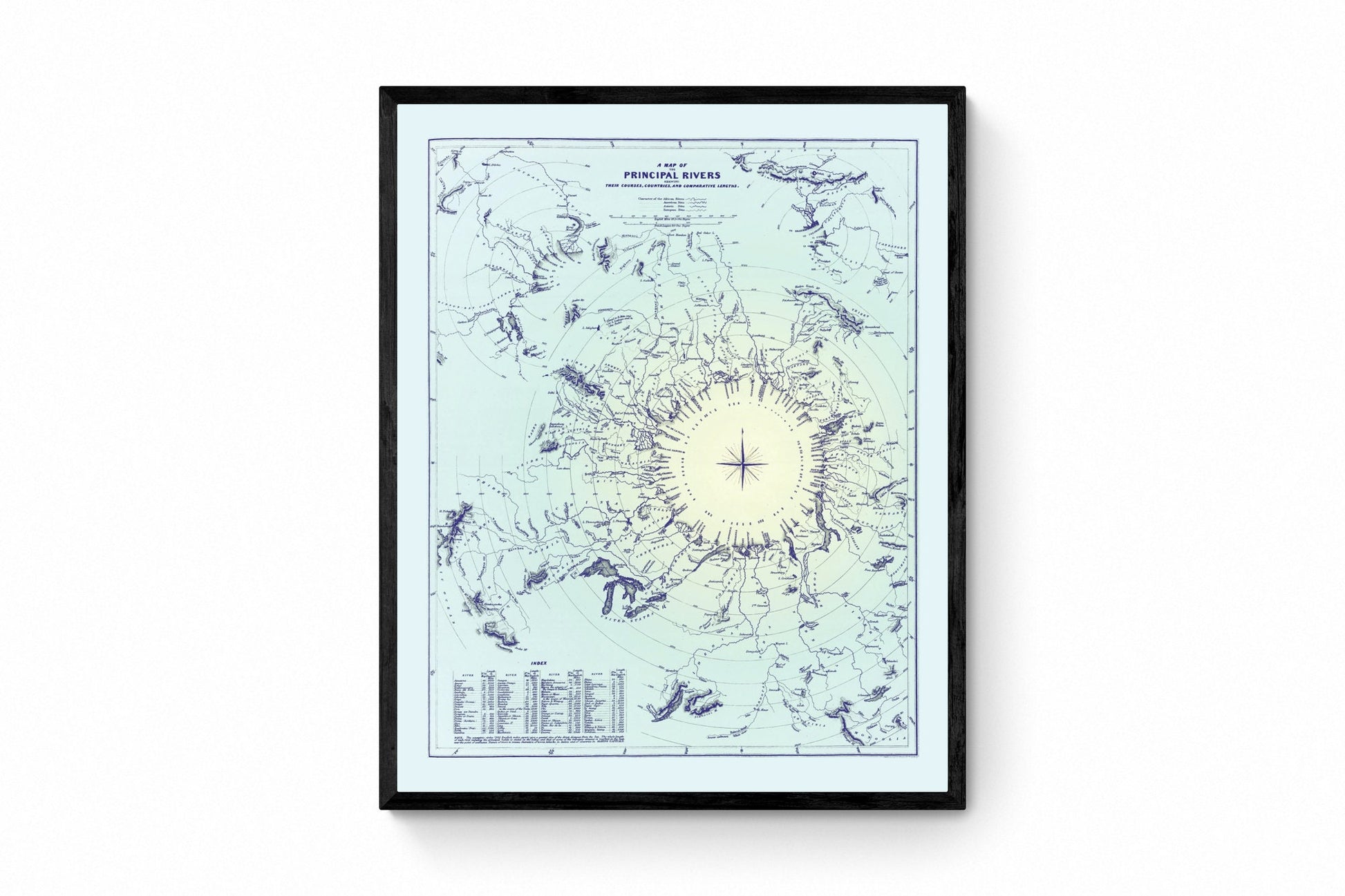 A Map of the Principal Rivers showing their courses, countries and comparative lengths dated 1834 - Antique Reproduction - Available Framed