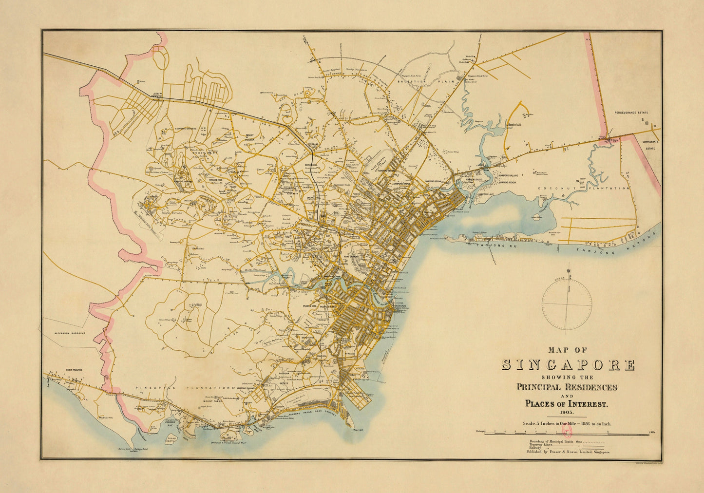 Singapore Map - Antique Reproduction - Dated 1905 - CIty Plan showing  principal residences and places of interest - Available Framed