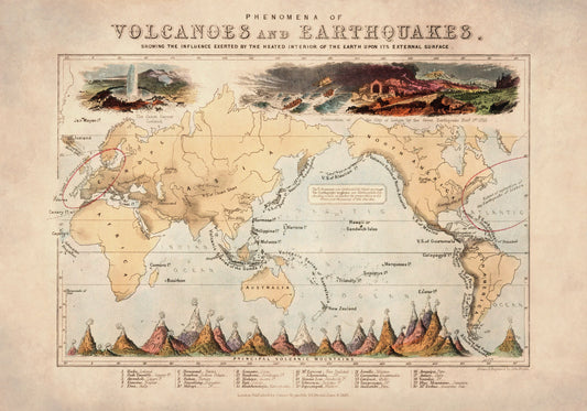 Volcanoes and Earthquakes showing the influence exerted by the heated interior of the Earth Antique Reproduction - Available Framed