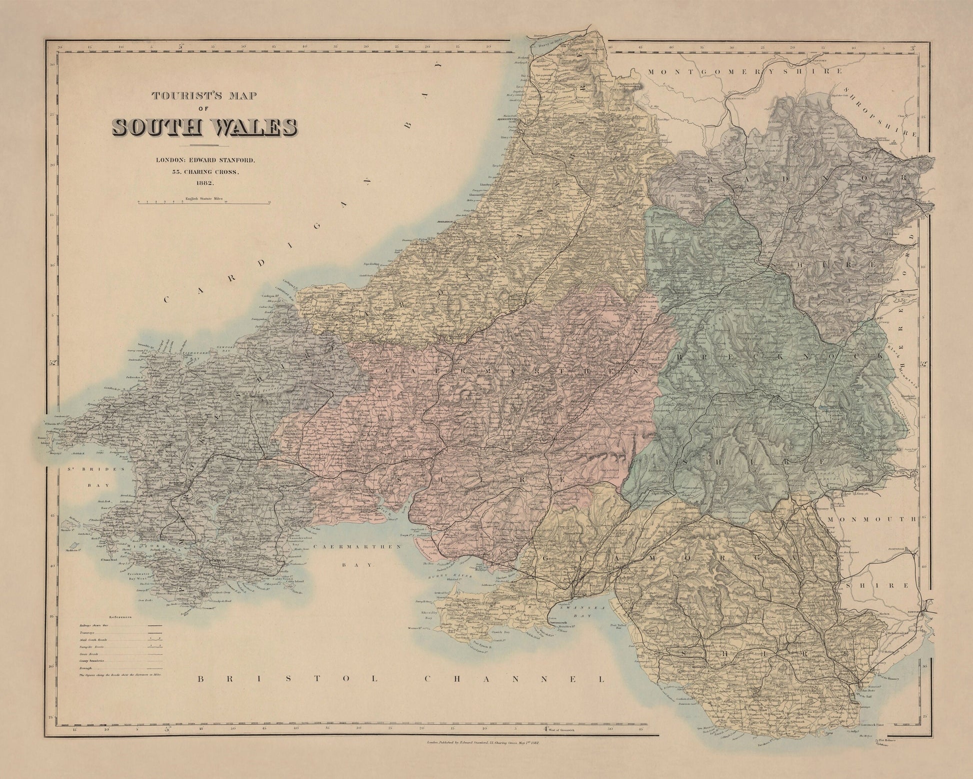 South Wales Map showing Railways, Tramways, Mail Coach Roads, Turnpike Roads - Antique Reproduction - dated 1882 - Available Framed