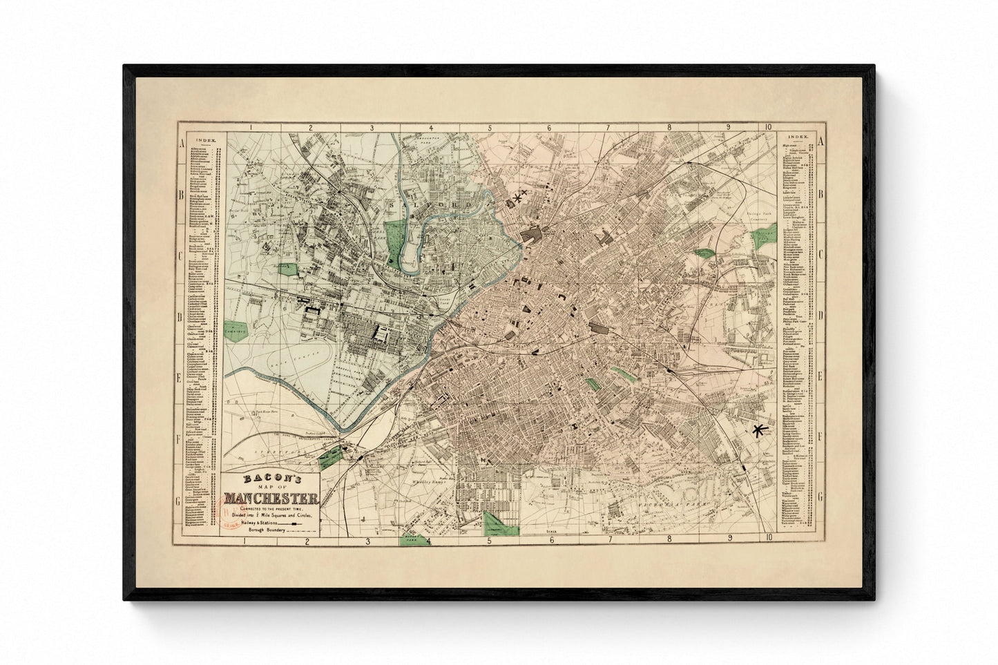 Map of Manchester c.1887- Antique Reproduction Map - City Plan - England - Available Framed