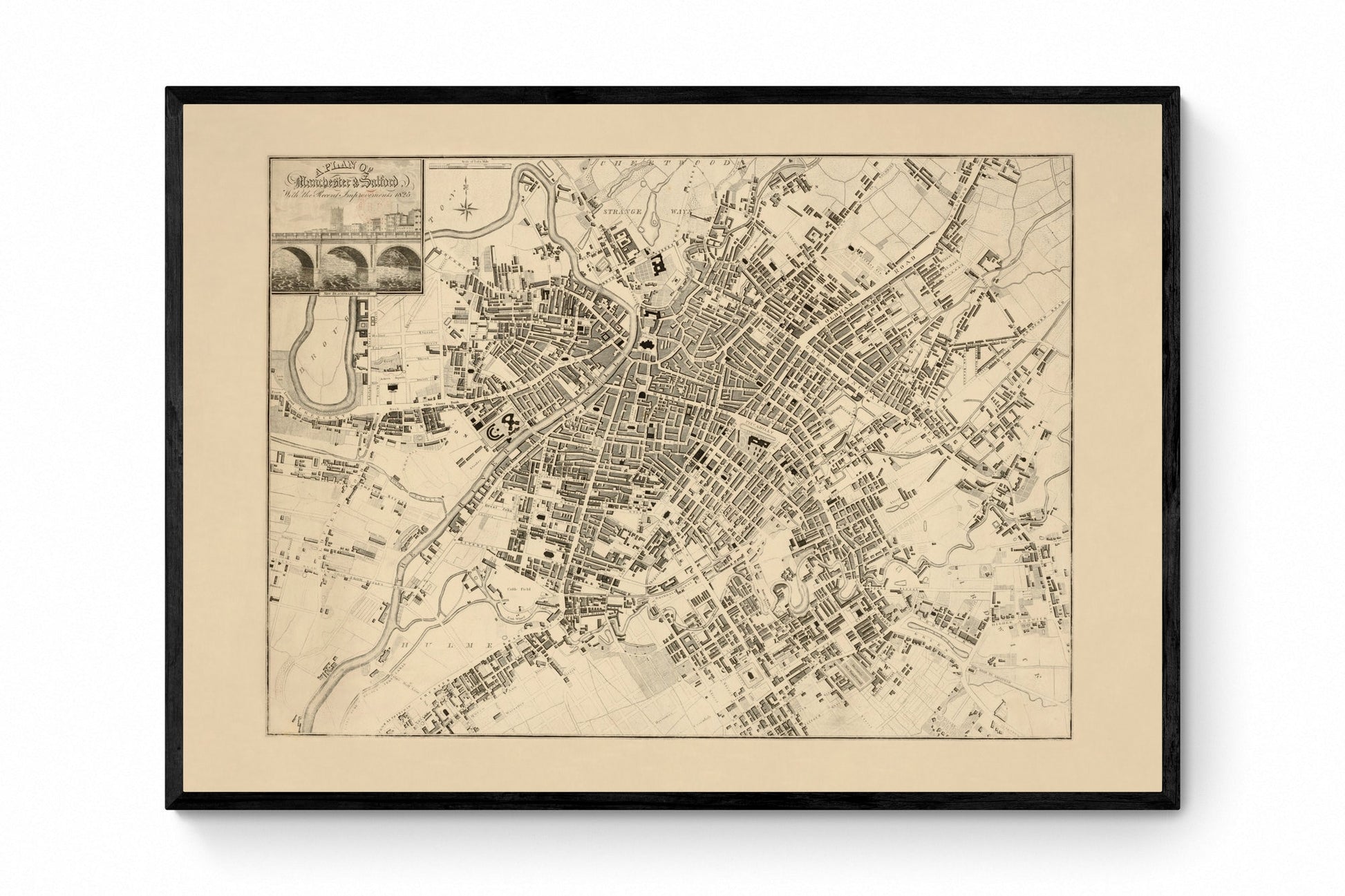 Manchester & Salford with the recent improvements, 1825 - Antique Reproduction Map - City Plan - England - Available Framed