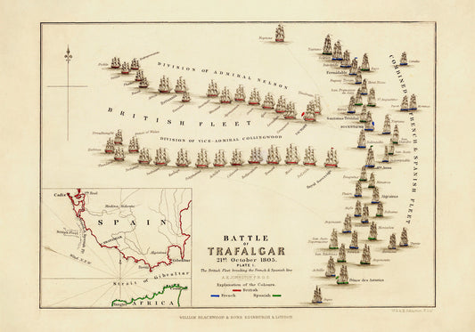 Battle of Trafalgar Map showing positions in Battle - Antique Reproduction - Naval Military History - Vintage Wall Map - Available Framed