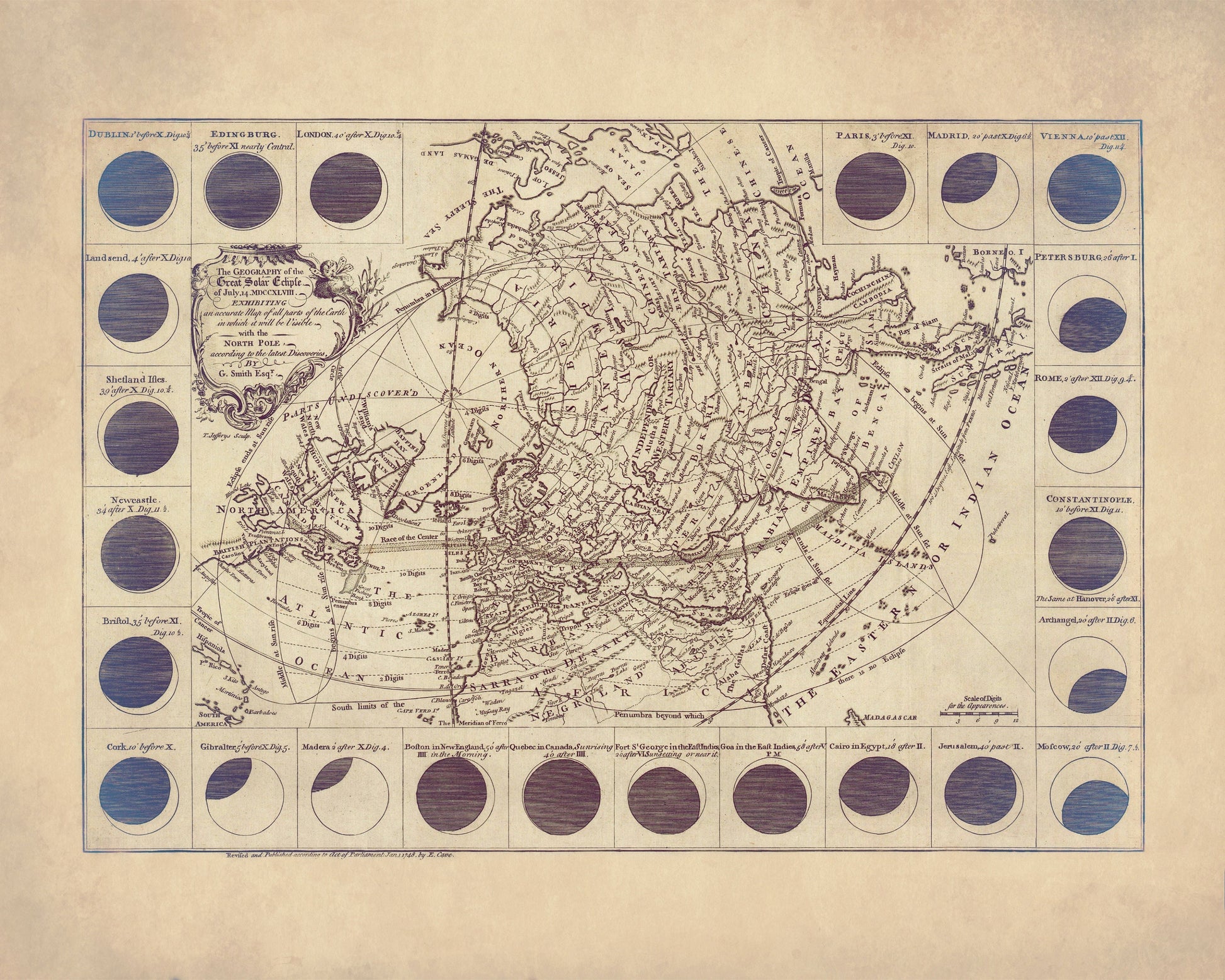 The Geography of the great Solar Eclipse of July 14 1748 - Antique Reproduction - Astronomy - Celestial Art - Wall Decor