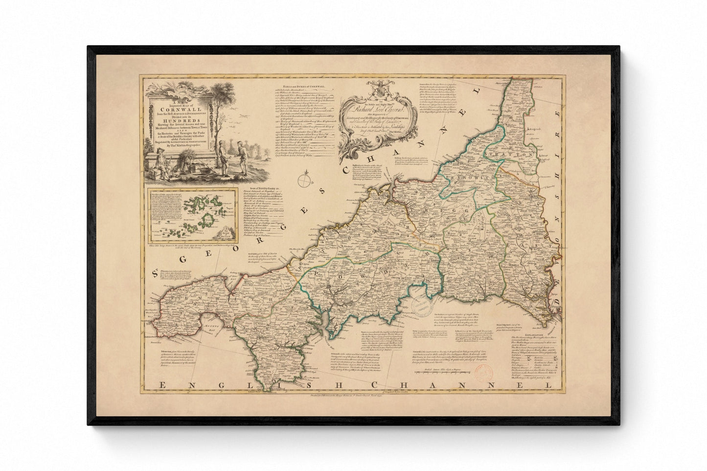 Cornwall Map dated 1750 - Antique Reproduction - Emanuel Bowen - Detailed County Map - Available Framed