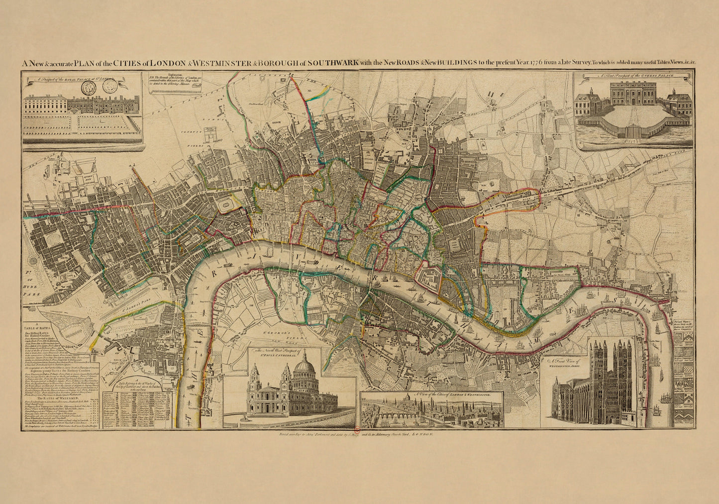 Cities of London & Westminster and Bourough of Southwark Map dated 1776 - Antique Reproduction - City Plan - Available Framed