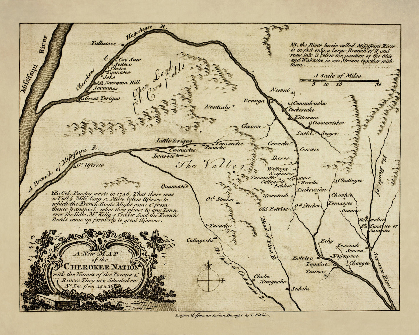 Cherokee Nation Map dated 1760 - Antique Reproduction - Native American History - Available Framed