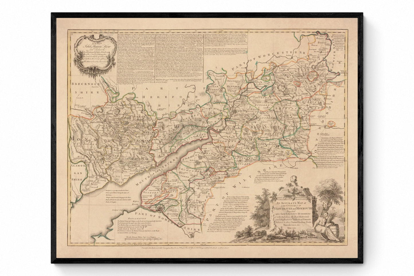 Gloucester and Monmouth Map dated 1760 - Antique Reproduction - Gloucestershire - Monmouthshire - Detailed County Map - Available Framed