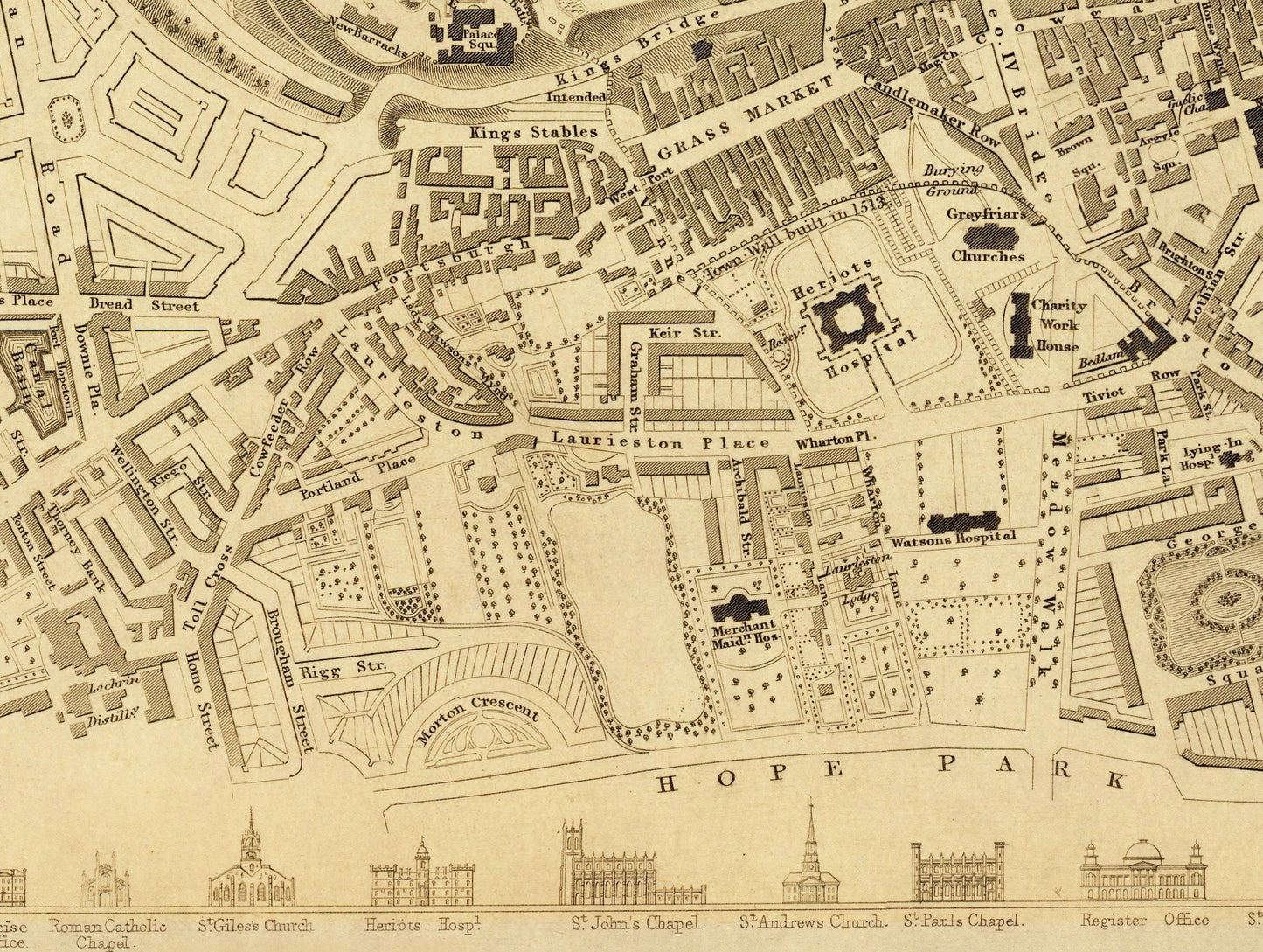 Edinburgh City Plan dated 1834 with inset engraving of Edinburgh Castle - Antique Reproduction - City Map - Scotland - Available Framed