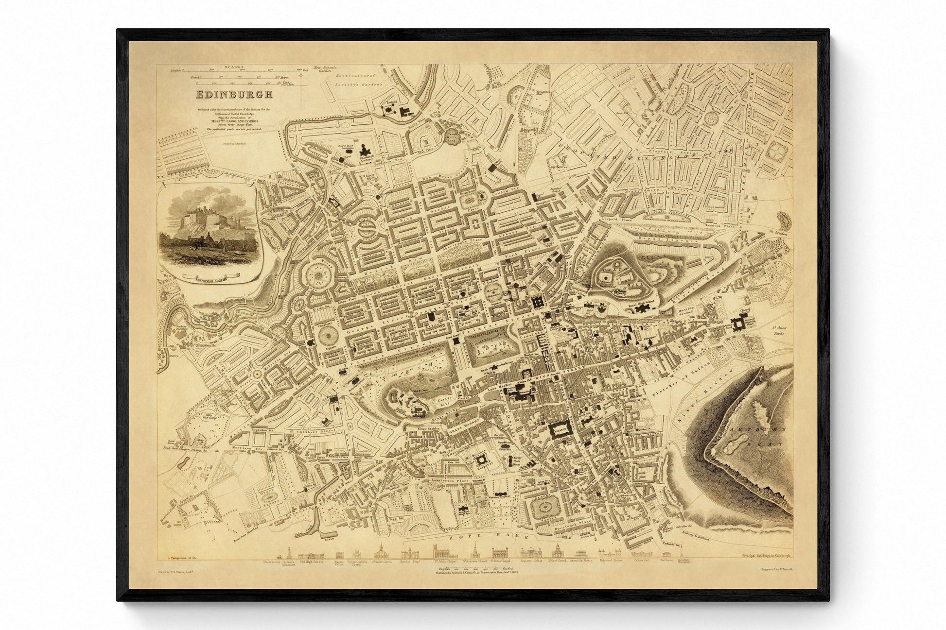 Edinburgh City Plan dated 1834 with inset engraving of Edinburgh Castle - Antique Reproduction - City Map - Scotland - Available Framed