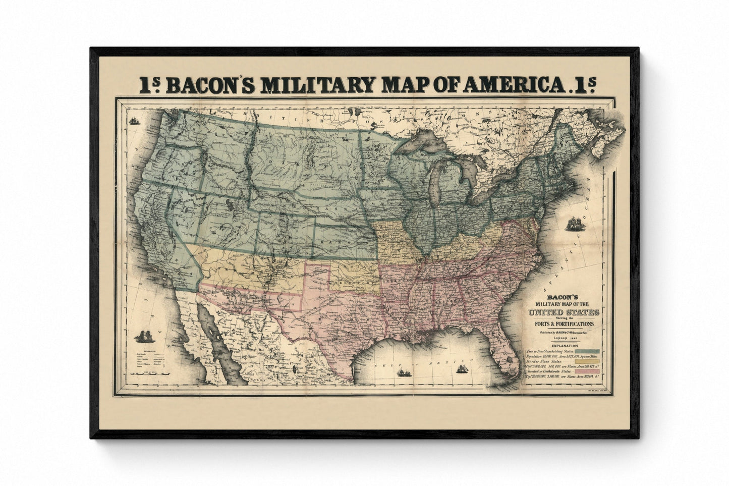 Bacon's Military Map of the United States dated 1862 - Forts and Fortifications - Civil War - Antique Reproduction - Available Framed