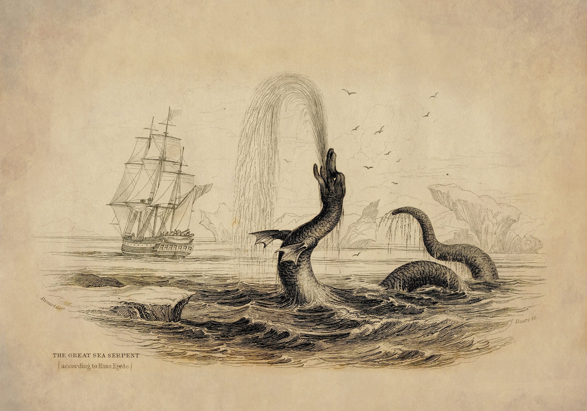 The Great Sea Serpent (according to Hans Egede) Print dated 1839 - Antique Reproduction - Sea Monster - William Jardine - Available Framed