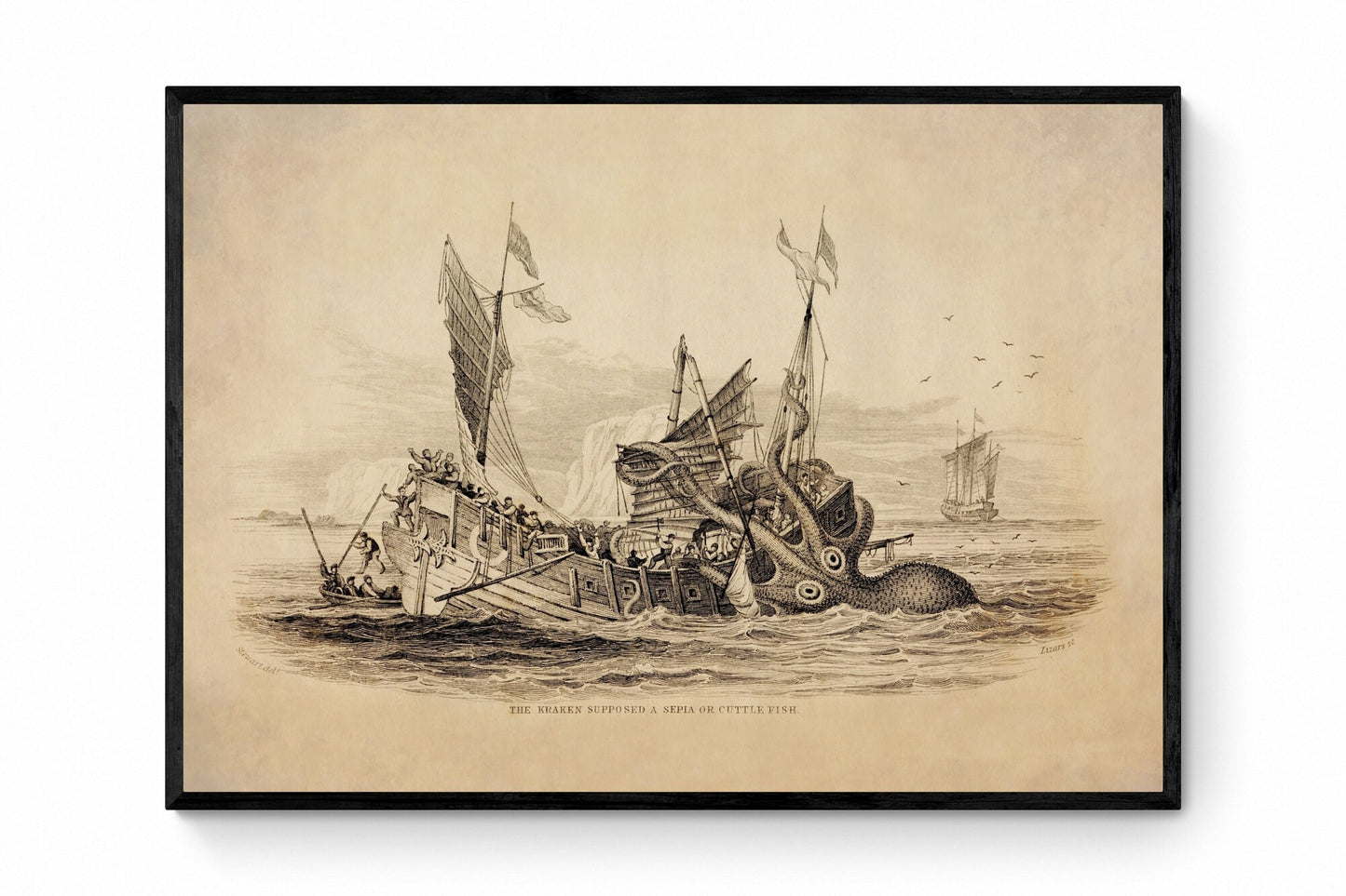 Kraken attacking Ship Print dated 1839 - Antique Reproduction - The Kraken supposed a Sepia or Cuttlefish - Jardine - Available Framed