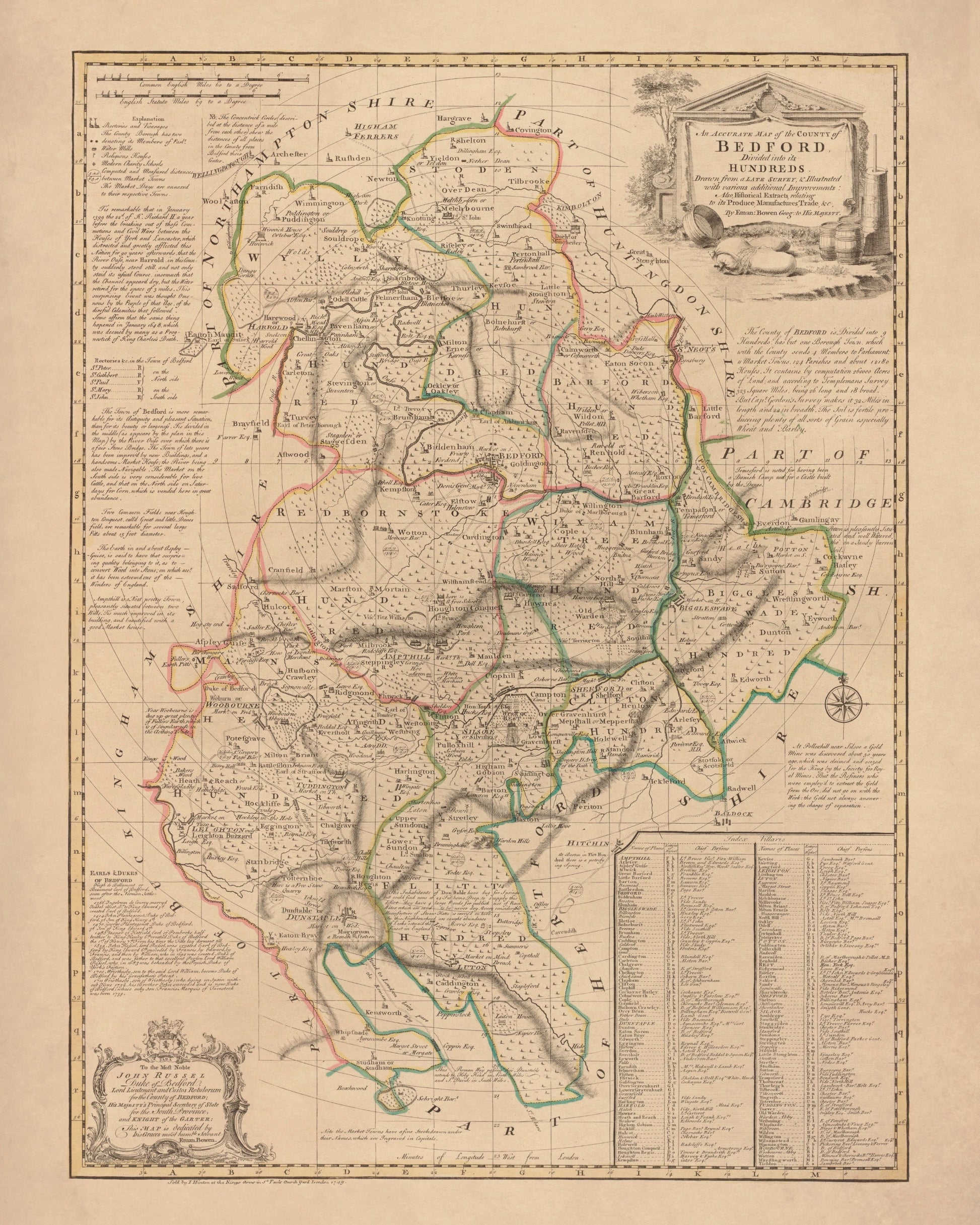 Bedfordshire Map dated 1749 - Antique Reproduction - Emanuel Bowen - Detailed County Map - Available Framed