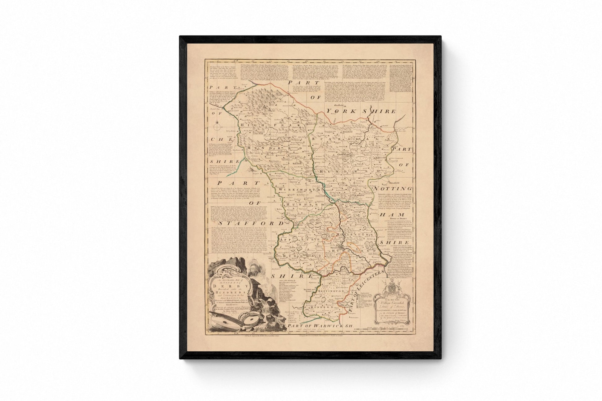 Derbyshire Map dated 1755 - Antique Reproduction - Emanuel Bowen - Detailed County Map - Available Framed