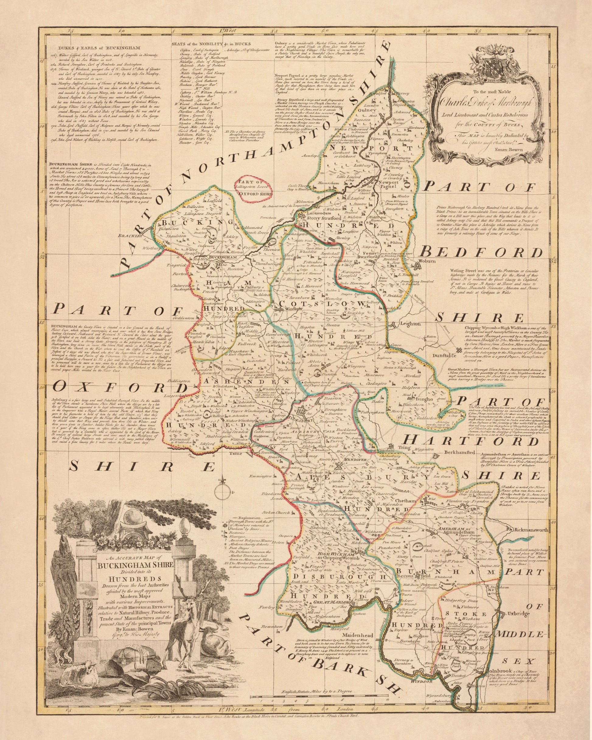 Buckinghamshire Map dated 1760 - Antique Reproduction - Emanuel Bowen - Detailed County Map - Available Framed