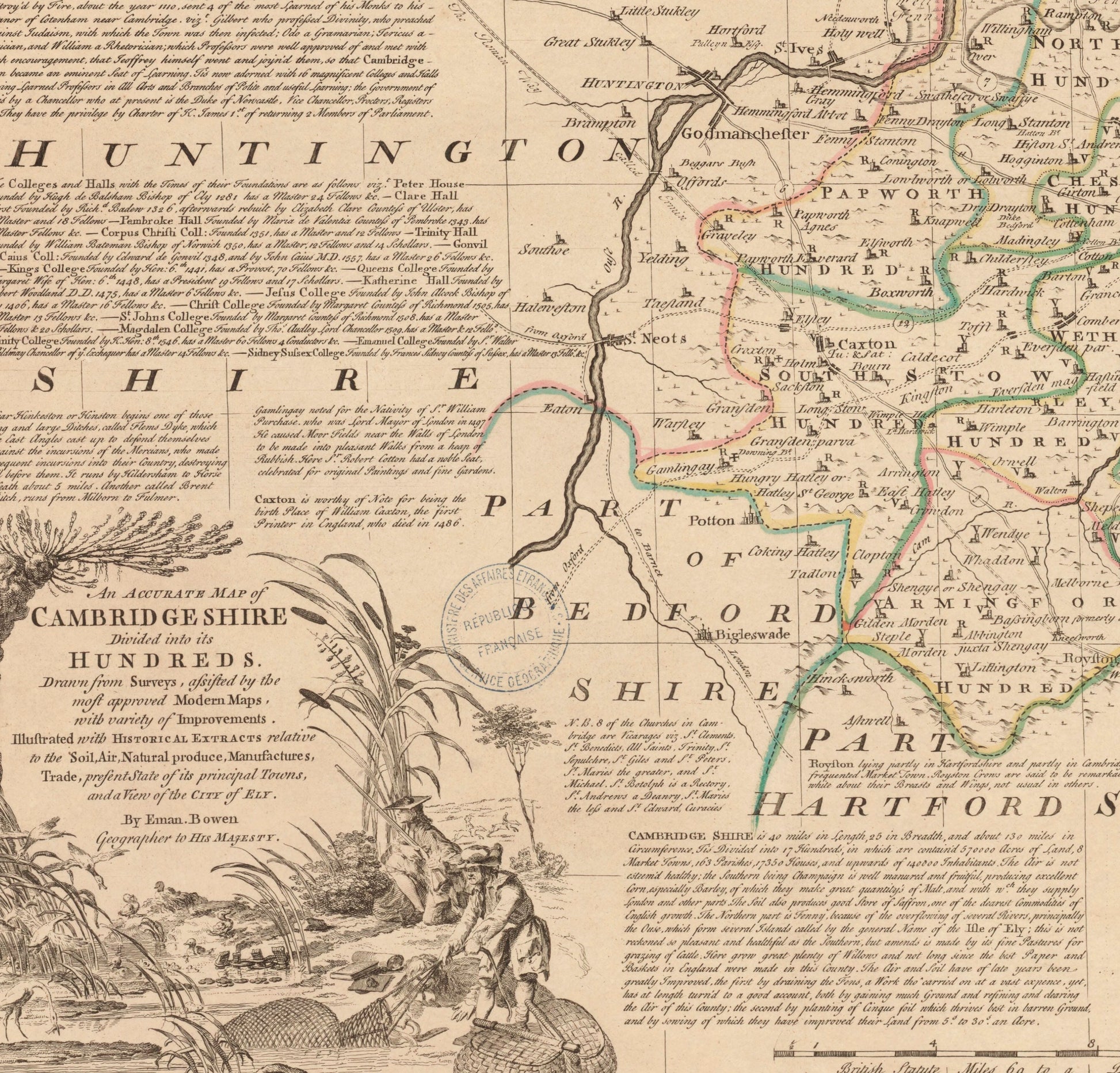 Cambridgeshire Map dated 1750 - Antique Reproduction - Emanuel Bowen - Detailed County Map - Available Framed