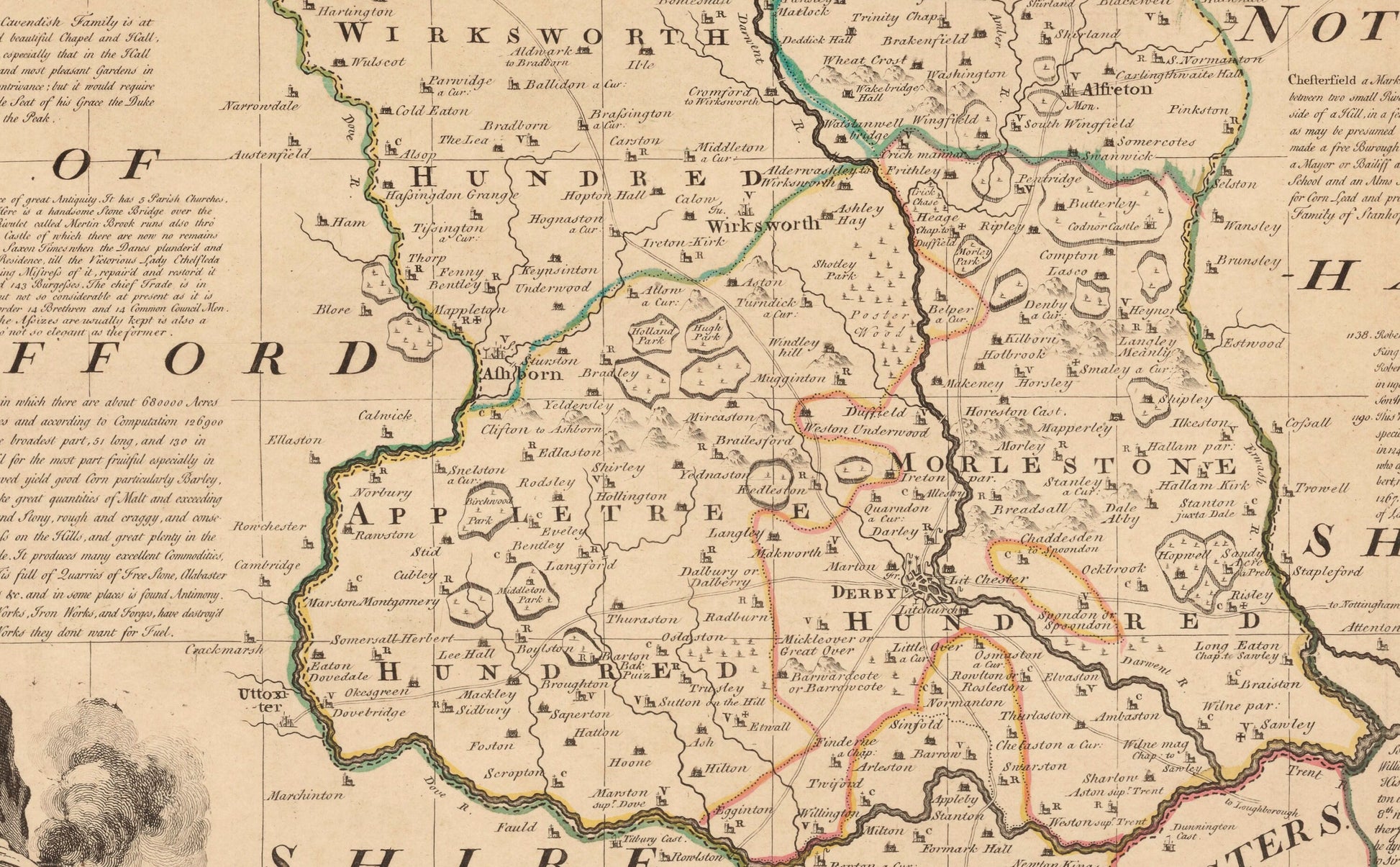 Derbyshire Map dated 1755 - Antique Reproduction - Emanuel Bowen - Detailed County Map - Available Framed