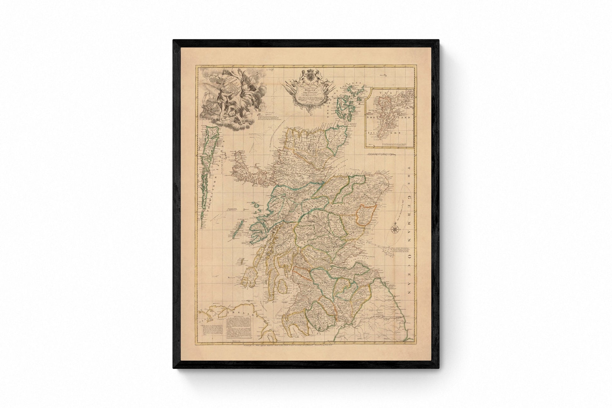 Scotland Map (North Britain) dated 1745 - Antique Reproduction - Emanuel Bowen - Detailed Map - Available Framed