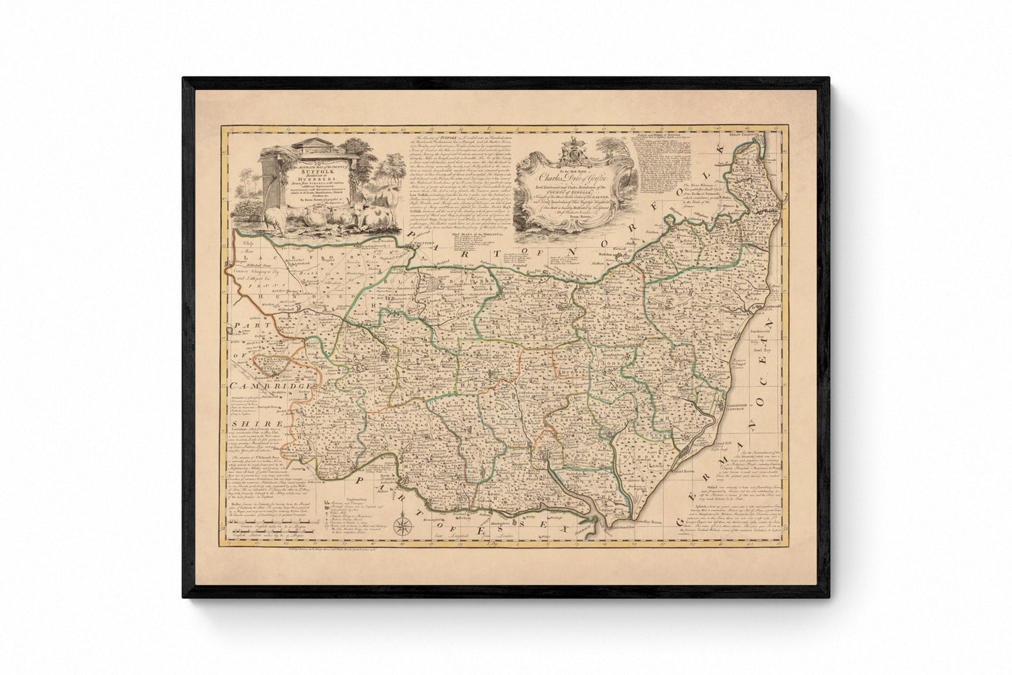 Suffolk Map dated 1750 - Antique Reproduction - Emanuel Bowen - Detailed County Map - Available Framed