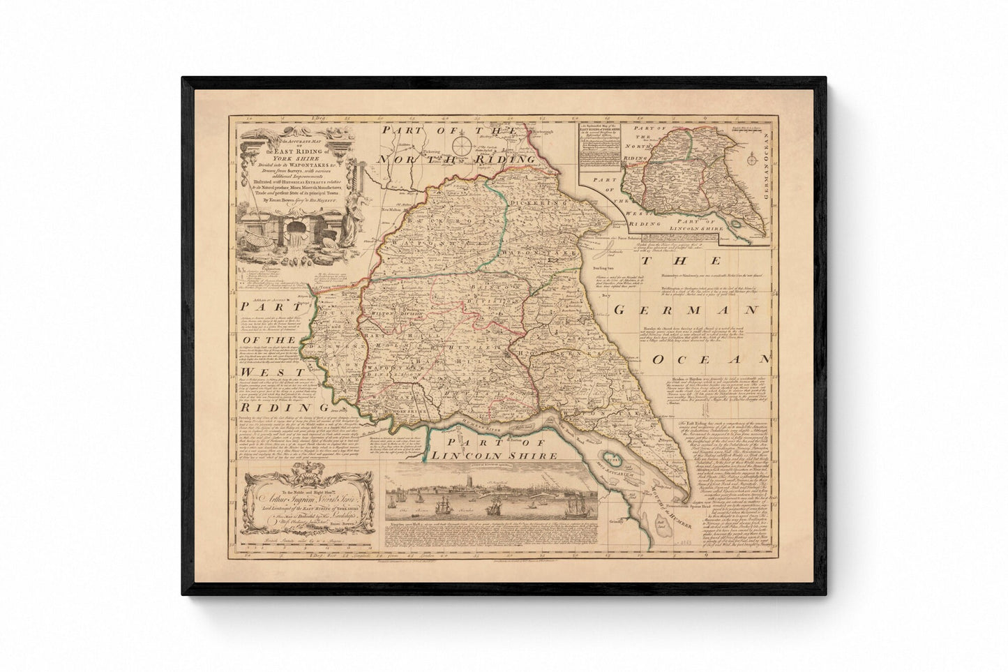 Yorkshire (East Riding) Map dated 1755 - Antique Reproduction - Emanuel Bowen - Detailed County Map - Available Framed