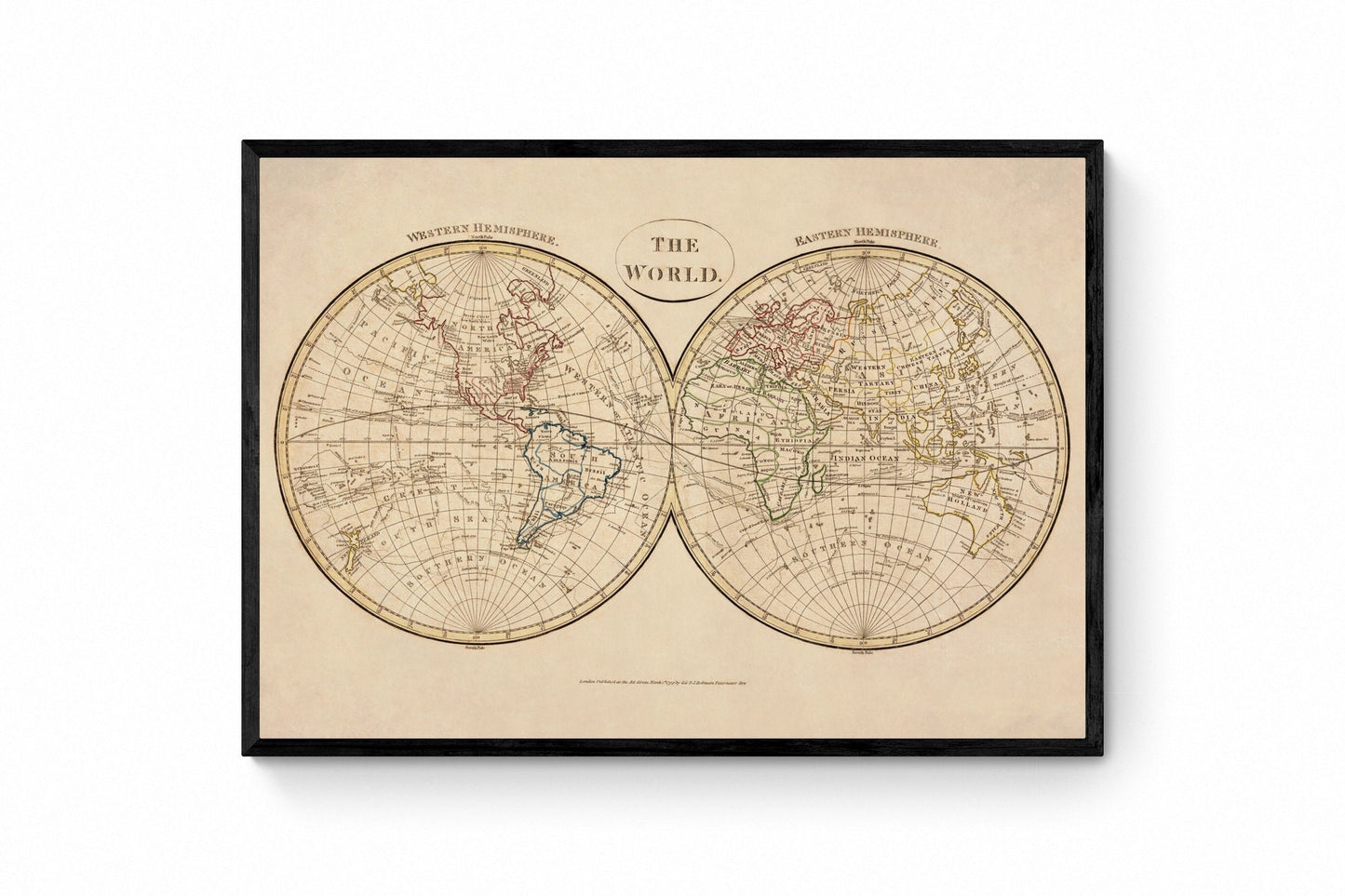 The World in Hemispheres Map dated 1799 - Antique Reproduction - Clement Cruttwell - Available Framed