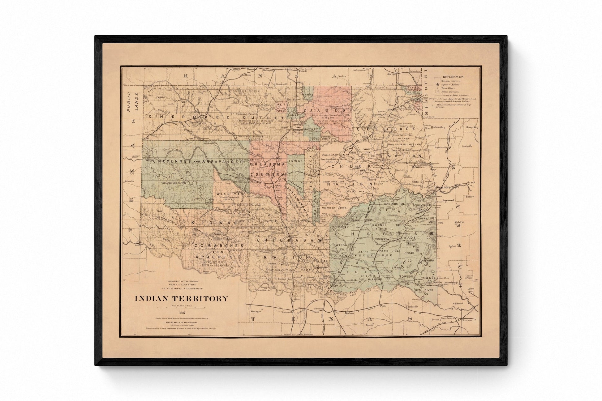 Indian Territory Map dated 1887 - Antique Reproduction - Oklahoma - United States - Native American History - Available Framed