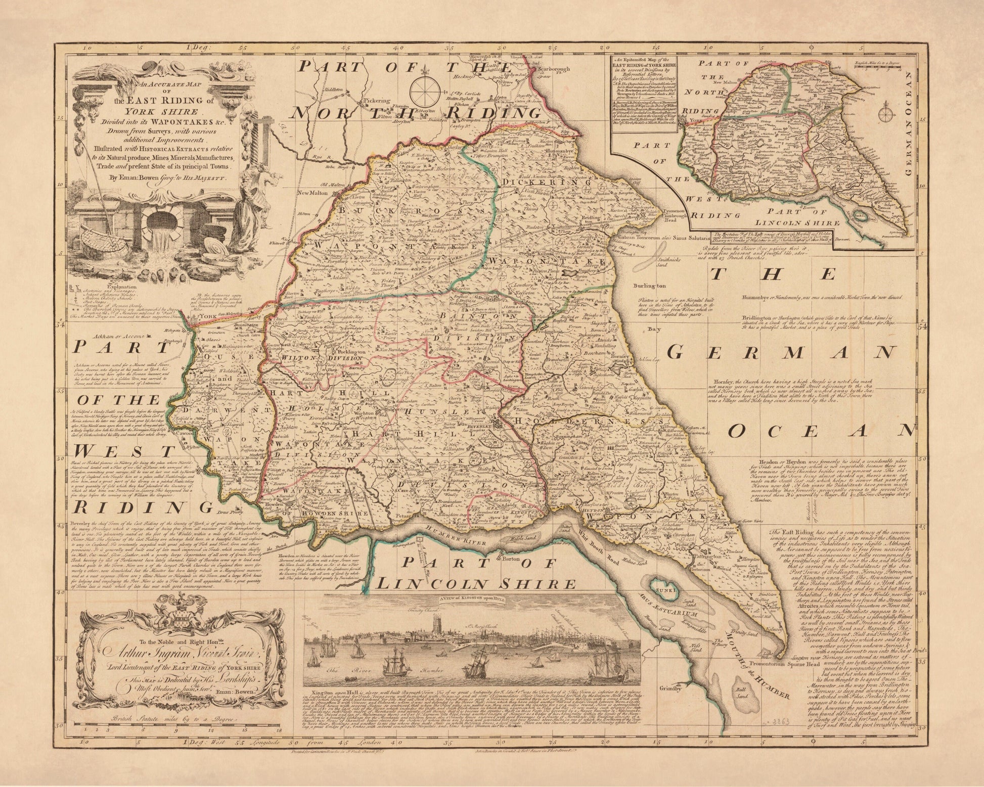 Yorkshire (East Riding) Map dated 1755 - Antique Reproduction - Emanuel Bowen - Detailed County Map - Available Framed