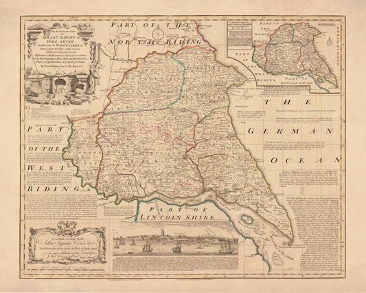 Yorkshire (East Riding) Map dated 1755 - Antique Reproduction - Emanuel Bowen - Detailed County Map - Available Framed