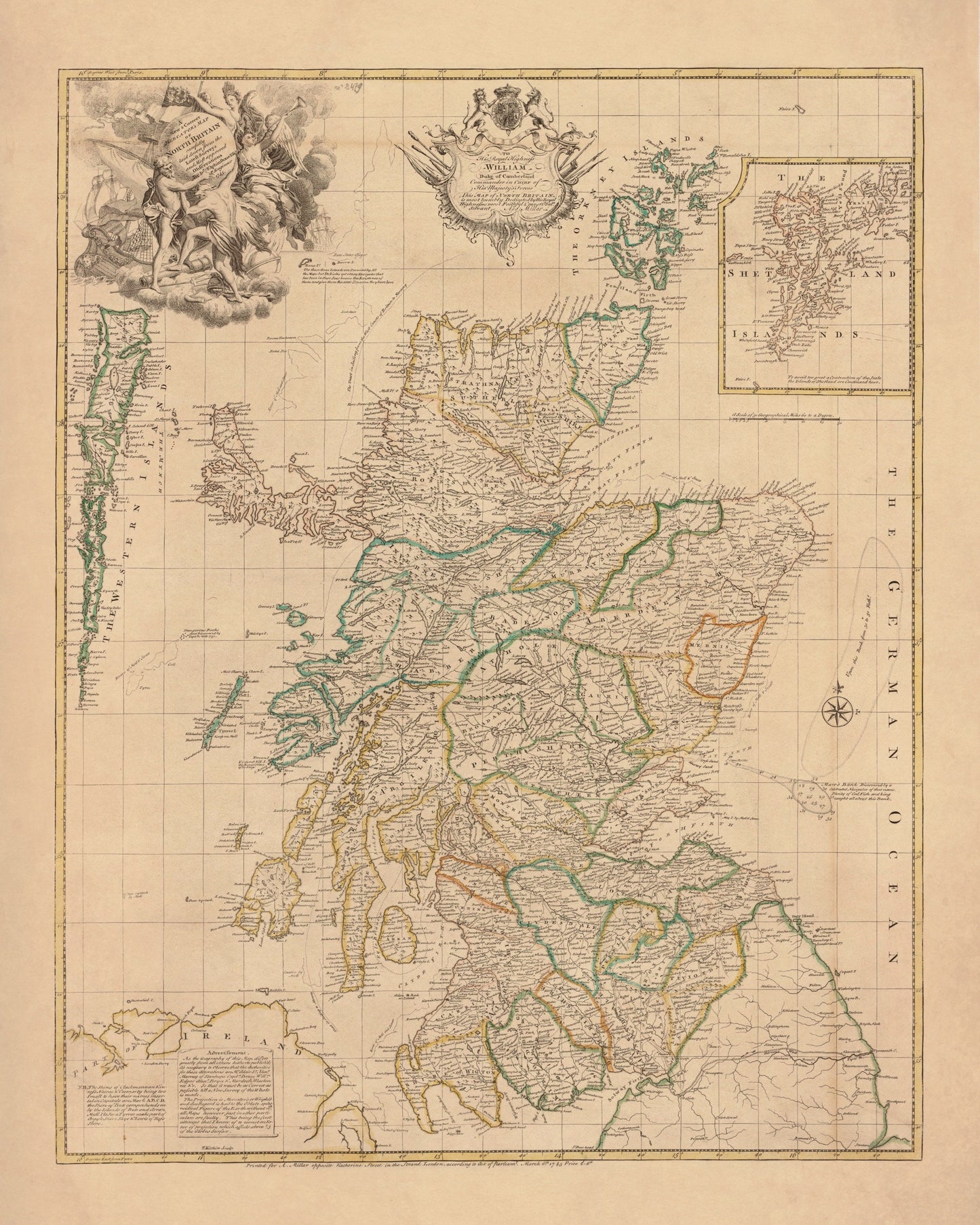 Scotland Map (North Britain) dated 1745 - Antique Reproduction - Emanuel Bowen - Detailed Map - Available Framed