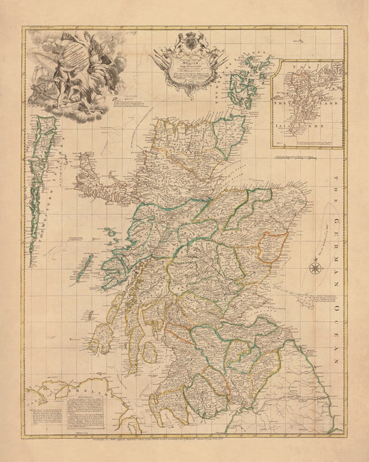 Scotland Map (North Britain) dated 1745 - Antique Reproduction - Emanuel Bowen - Detailed Map - Available Framed