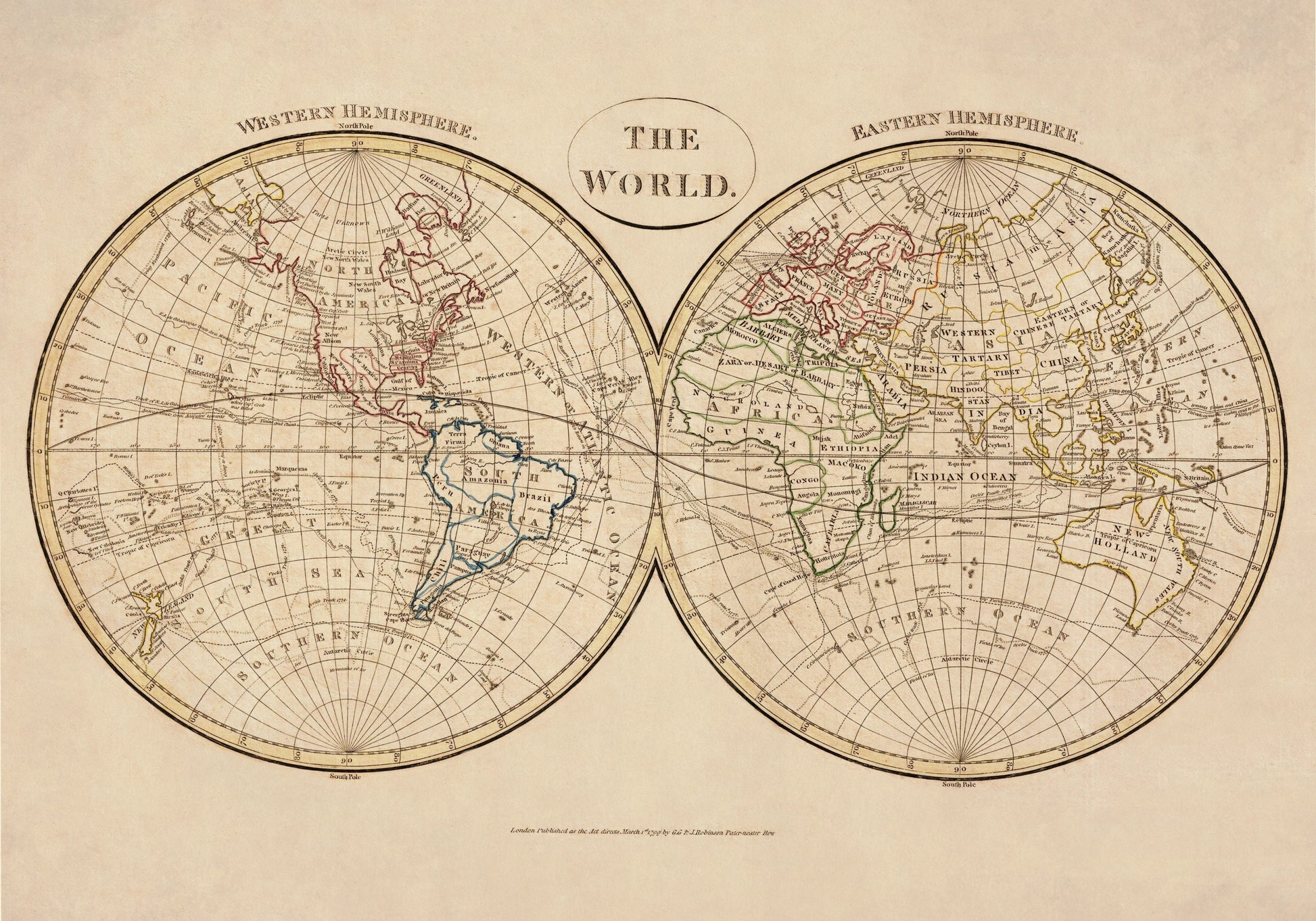 The World in Hemispheres Map dated 1799 - Antique Reproduction - Clement Cruttwell - Available Framed