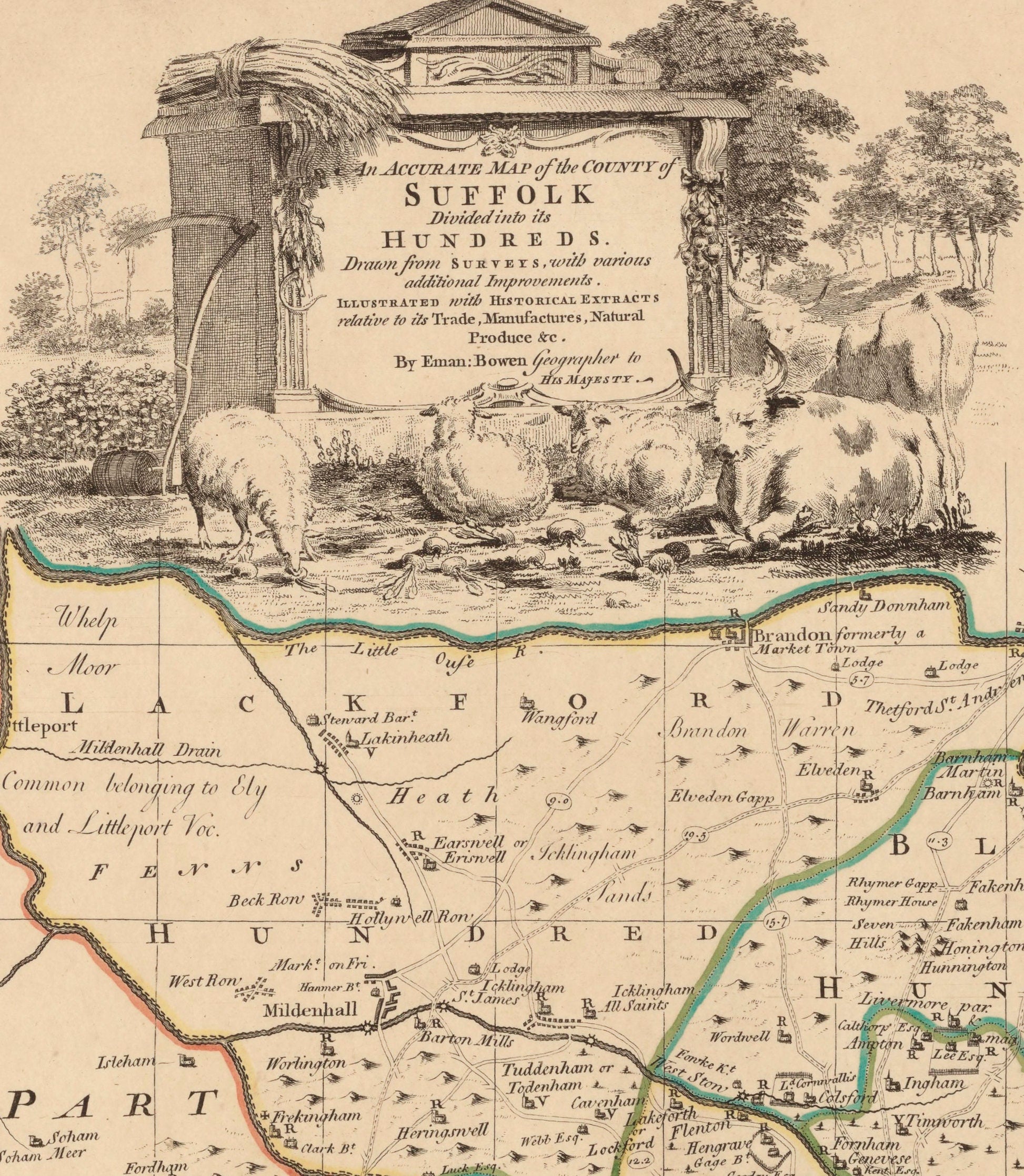 Suffolk Map dated 1750 - Antique Reproduction - Emanuel Bowen - Detailed County Map - Available Framed